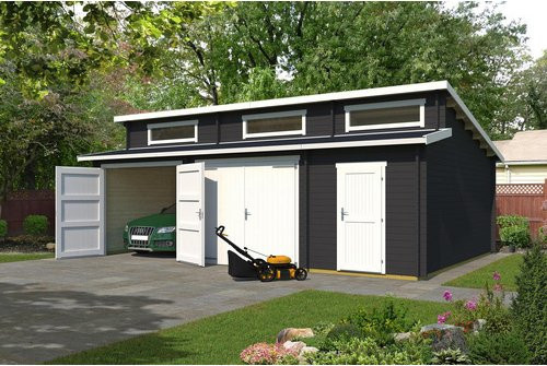 Lasita Maja Blockbohlen-Garage Hawaii mit Holztoren in Carbongrau, B/T: 780 x 520 cm - Bild 1