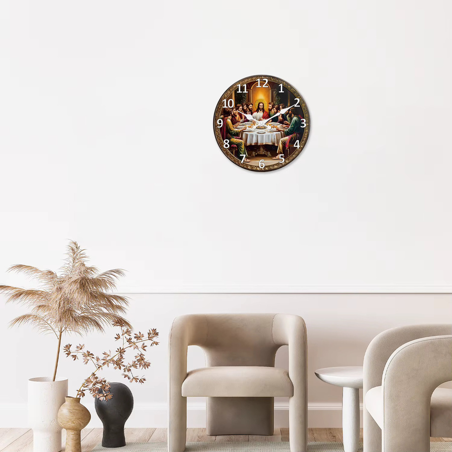 Retro Wanduhr aus Holz Das letzte Abendessen in Mehrfarbig, Stille Quarzuhr für Wohnzimmer und Küche - Bild 5