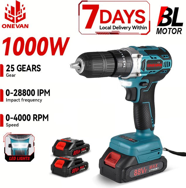 ONEVAN Bürstenloser Akku-Schlagbohrschrauber 1000W in Blau, kompatibel mit Makita 18V LXT Akkus - Bild 1