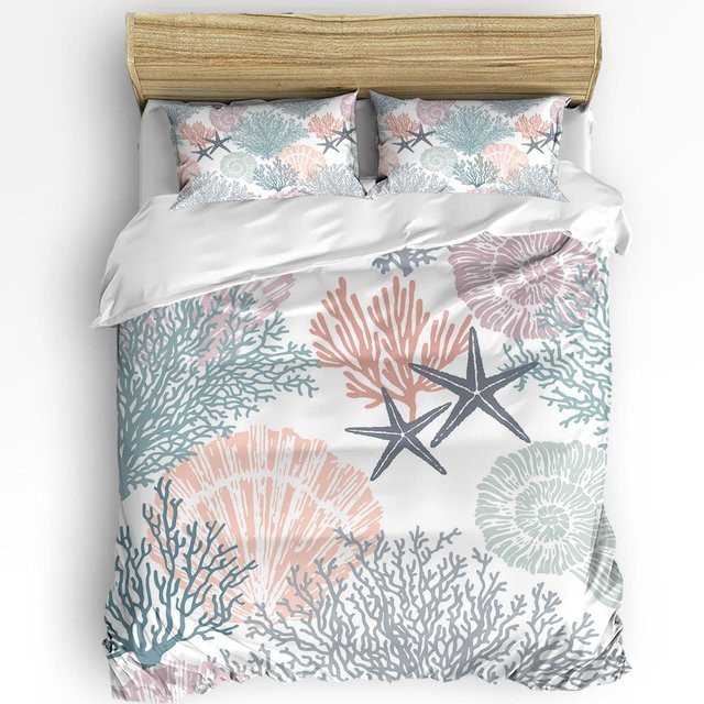 JMG Household Supplies 3-teiliges Bettwäscheset mit Marine-Korallen-Muscheln-Seestern-Motiv in Blau und Multicolour, Material Mikrofaser-Polyester, B/H: 245 x 210 cm - Bild 1