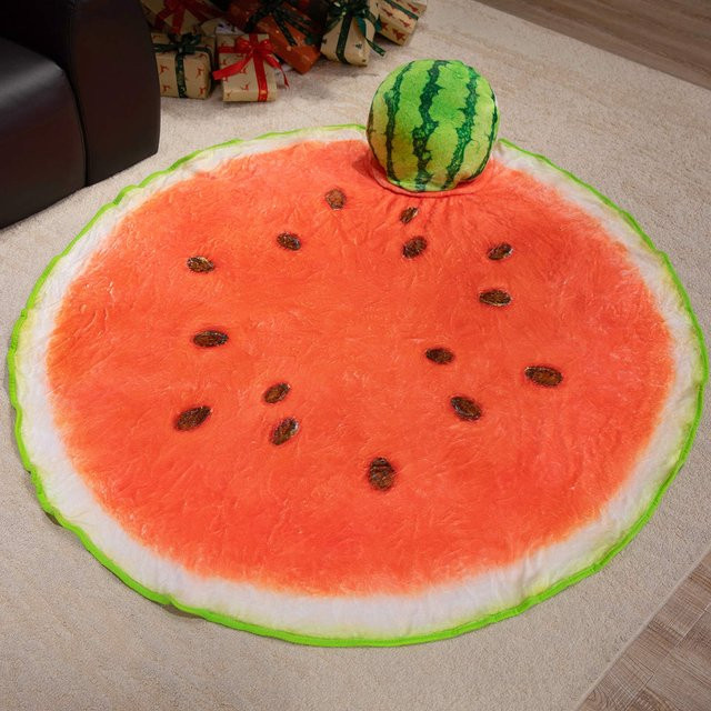 Yiran toy 2-in-1 Plüschkissen mit Decke in Wassermelonen-Design, rot, rund - Bild 1