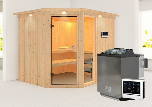 Karibu Sauna Paide 3 Bio-Kombi-Sauna für 4 Personen in Beige mit 9 kW Bio-Kombi-Saunaofen und externer Steuerung, B/T/H: 245 x 210 x 202 cm - Bild 1