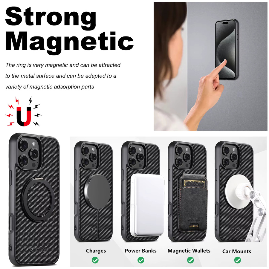 Suteni MagSafe Handyhülle aus PU-Leder mit 360 Grad rotierendem Ringständer für iPhone 17, 16, 15, 14, 13, 12 in Schwarz - Bild 4