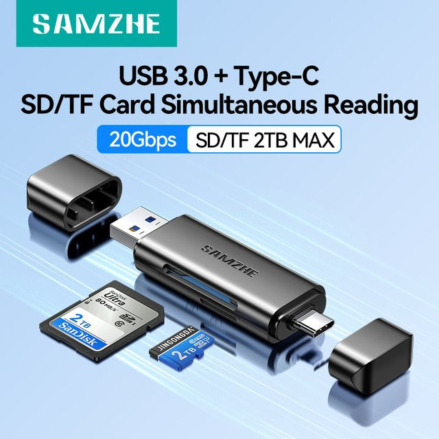 SAMZHE USB 3.0 und USB-C Kartenleser für SD, MicroSD und TF Karten in Schwarz, kompatibel mit Thunderbolt 3 für PC und Laptop - Bild 1
