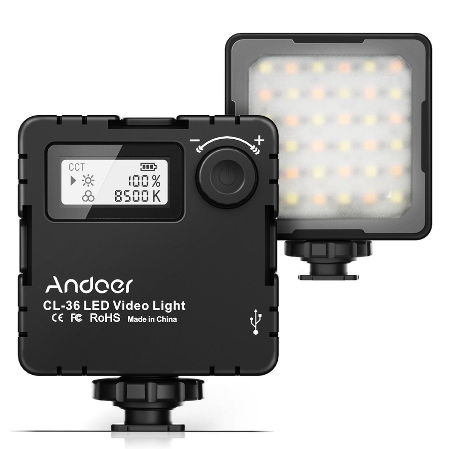 Andoer CL-36 Mini LED-Videoleuchte Schwarz, dimmbar, 2800 K–8500 K, mit integriertem Akku und LCD-Display - Bild 2