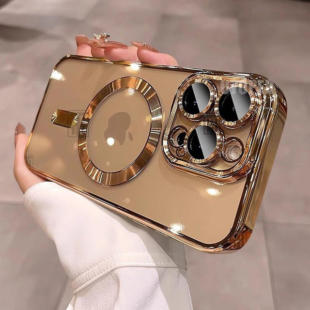 Yiran bag Magsafe Magnetische TPU Handyhülle mit Linsenfolie für iPhone 16 15 14 13 12 11 Pro Max Plus in Transparent Gold - Bild 1