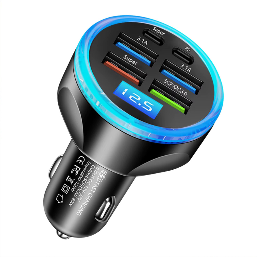 UYUXIO PD 30W Auto-Ladegerät mit LED-Digitalanzeige und 6 Anschlüssen in Schwarz für iPhone 17 16 15 14 Pro Max Plus - Bild 6