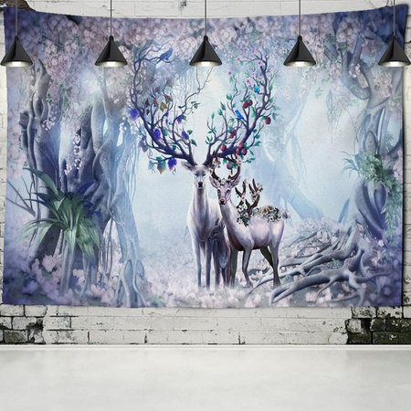 Bunter Cartoon Elch Wandteppich im Boho-Stil mit Naturlandschaft und Psychedelic-Motiv, Farbe: Weiß/Mehrfarbig, Breite: 95 cm, Höhe: 70 cm