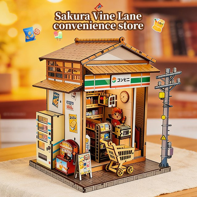 Music Park Sakura & Wisteria Alley Mart Buchnische, 3D-Holzpuzzle, mit Beleuchtung - Bild 1