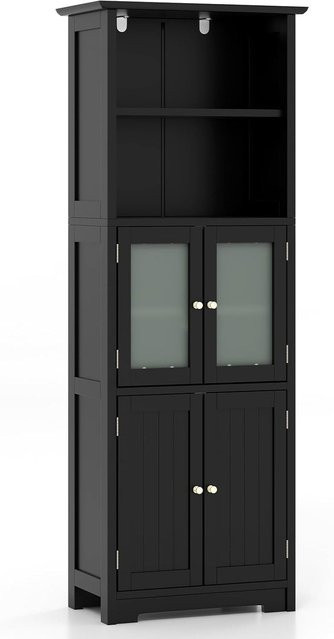 Badezimmerschrank GOFLAME in Schwarz mit Glastüren und offenen Fächern, moderner hoher Schrank mit verstellbaren Regalen - Bild 1