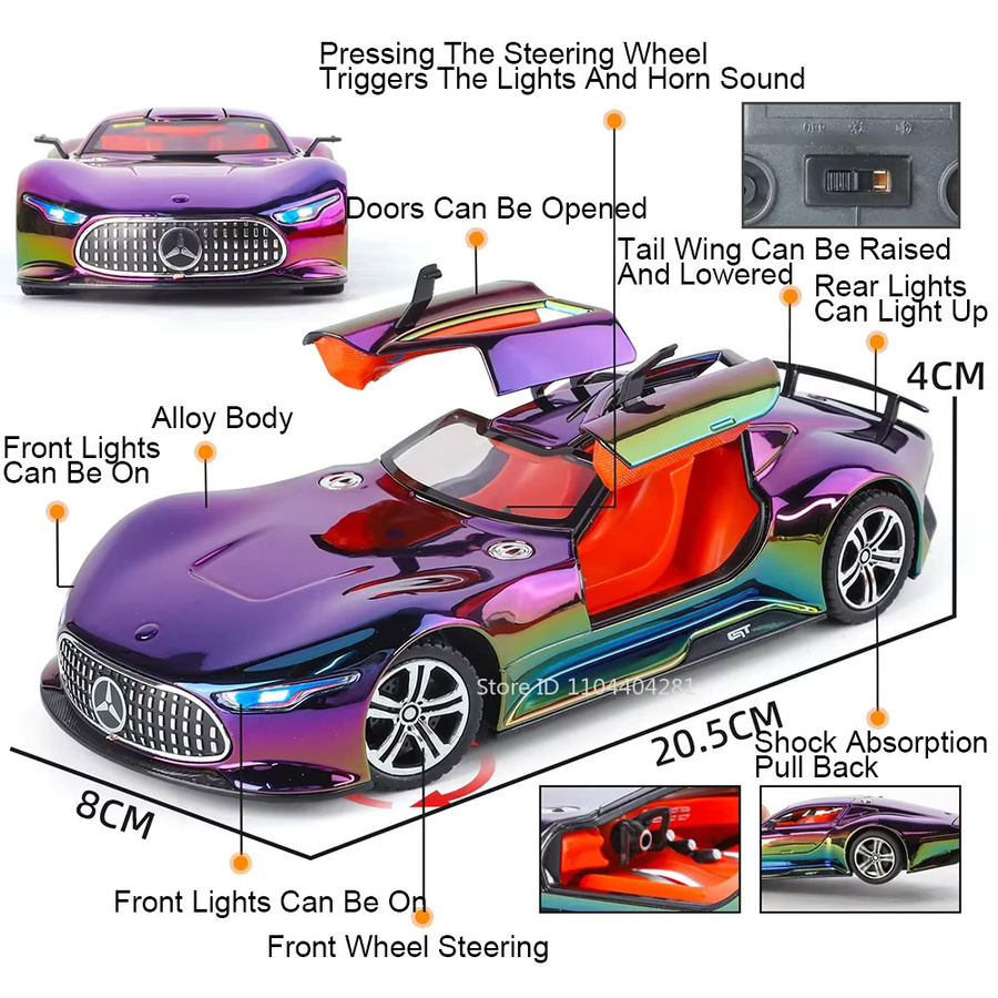 MAKEDA Vision GT 300SL Sportwagen Modell, 1:24, Druckguss Legierung, mit Sound und Licht, Zurückziehen, Türen geöffnet - Bild 3