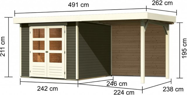 Gartenhaus Holz ASKOLA 35 Flachdachhaus in Flachdachgrau mit Anbaudach und Rückwand, Wandstärke: 19 mm, B/H: 238 x 242 cm - Bild 1