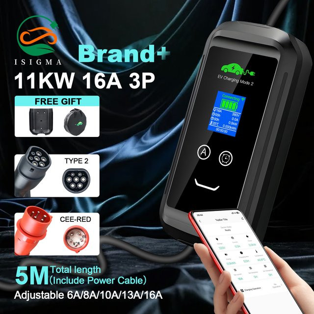 Isigma Adjust Tragbares EV-Ladegerät Typ 2 Heimladestation in Schwarz mit WLAN und Bluetooth via Tuya App, 11KW Elektrofahrzeug-Ladestation mit 5m Kabel - Bild 1