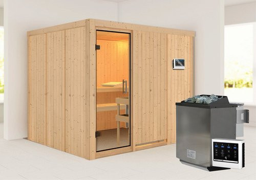 Karibu Sauna Jöhvi Bio-Kombi-Sauna aus Fichtenholz mit 9 kW Bio-Kombi-Saunaofen und externer Steuerung für 4 Personen, beige, B/T/H: 231 x 196 x 198 cm - Bild 1