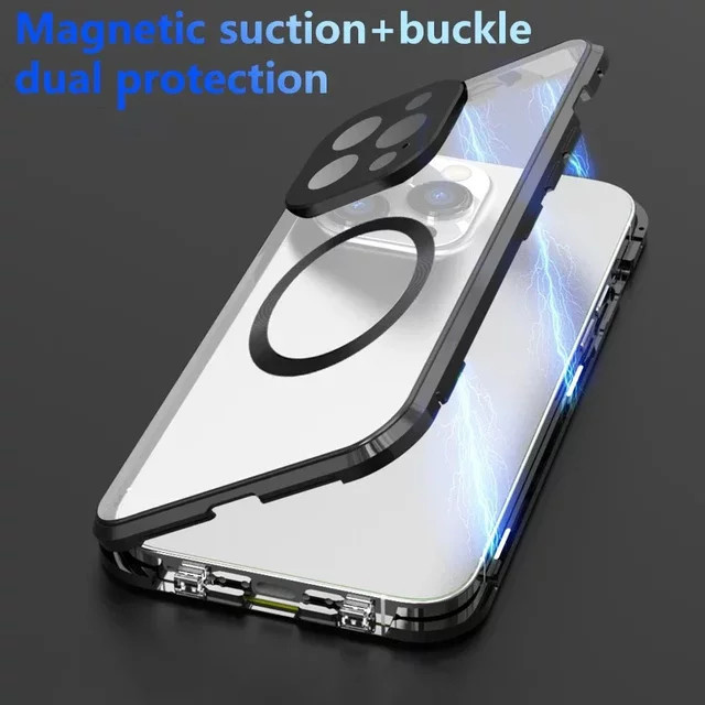 LS Magnetische MagSafe Schutzhülle mit Glasgehäuse und doppelseitiger Schnalle für iPhone 12 bis iPhone 17 Pro Max Plus in Schwarz - Bild 1