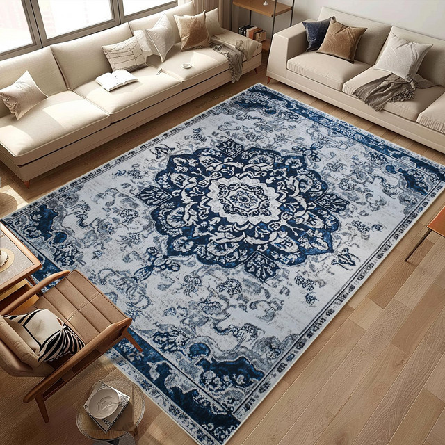 VIKAMA Teppich im Vintage-Boho-Stil, blau, rechteckig und rutschfest, ideal für Wohnzimmer, Schlafzimmer, Esszimmer oder Büro - Bild 1