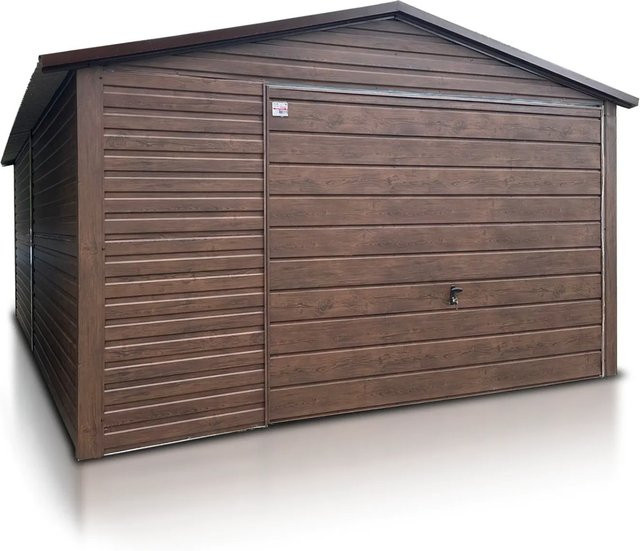 Liderstal Einzelgarage Basic aus Blech mit Satteldach und Schwingtor in Holzoptik Walnuss Dunkel, B: 400 cm, T: 600 cm, H: 260 cm - Bild 1