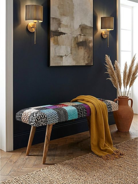 Sitzbank Patchwork von KADIMA DESIGN aus Samt und Massivholz in Multicolour, B/T/H: 117 x 51 x 38 cm - Bild 1