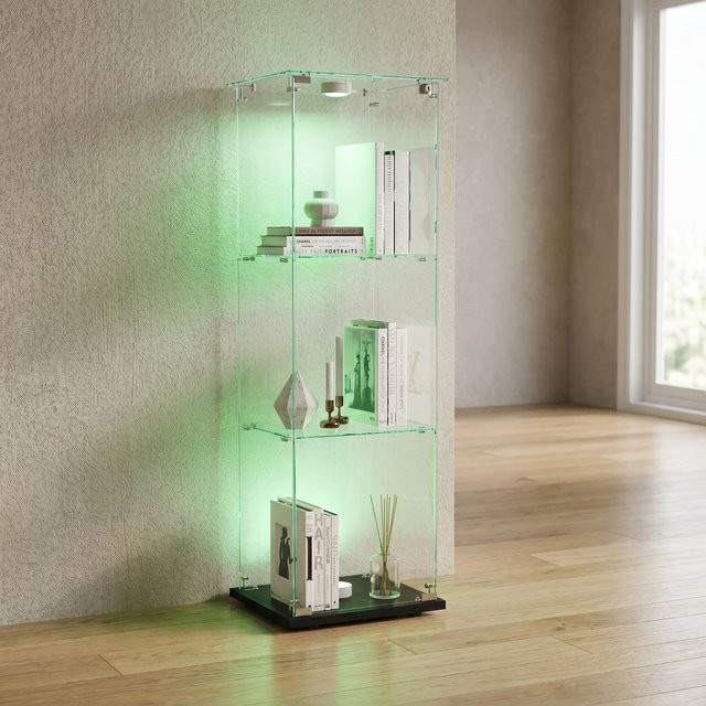 Superaly Glas-Vitrine mit 3 Schichten und LED-Beleuchtung, freistehender Ausstellungsschrank mit 1 Tür und Schloss in Schwarz Matt - Bild 1
