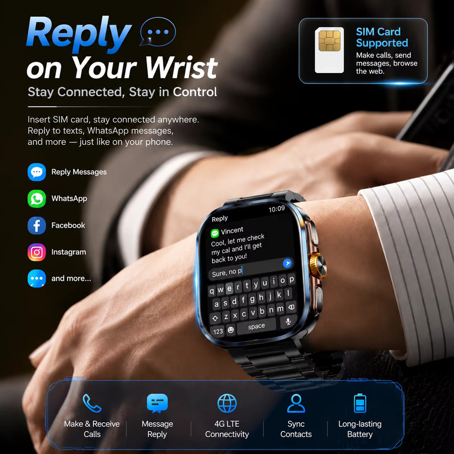 KAVSUMI Smartwatch mit 5G/4G Netzwerk, 2,40 Zoll Saphir-AMOLED-Display, 8GB+128GB Speicher, GPS, WLAN und Videoanruf in Gold - Bild 4