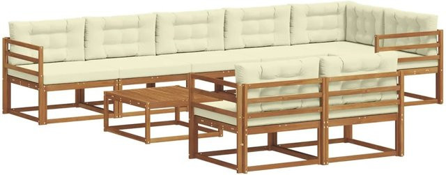vidaXL Outdoor-Sofagarnitur aus Akazienholz mit Kissen, 9-teiliges Set, Natur und Creme - Bild 1