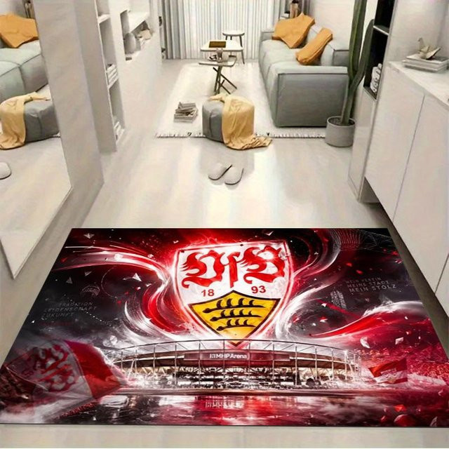 Rutschfeste Fußmatte VfB Stuttgart Vereinswappen Rote Welle, Rechteckiger Teppich aus Polyester für Wohnzimmer und Schlafzimmer, B/B: 60 x 90 cm - Bild 1