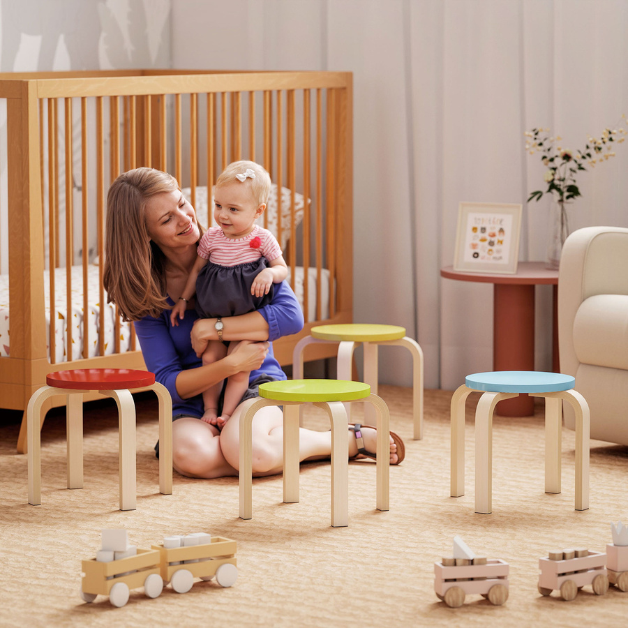 HOMCOM 4er Set Stapelhocker aus Birken-Sperrholz, runde Küchenhocker für Esszimmer und Wohnzimmer, Bunt (Rot, Grün, Blau) - Bild 2