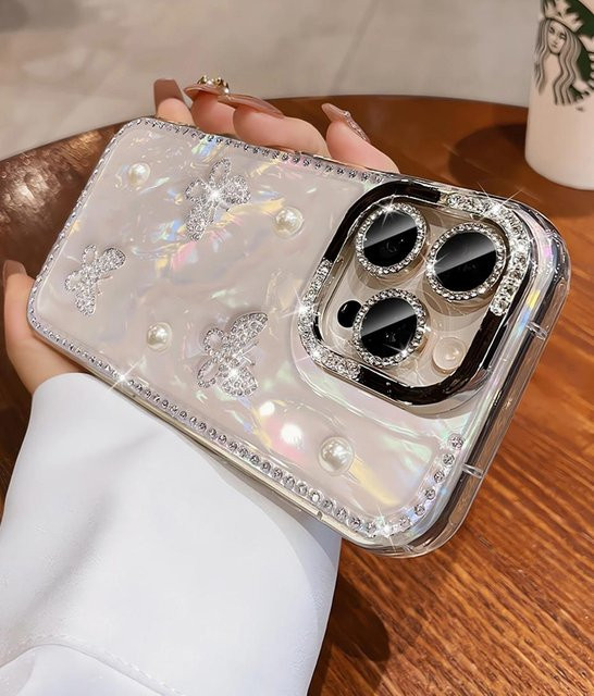 Stoßfeste Silikon Handyhülle mit Glitzer, Perlen und Schmetterlings-Design für Apple iPhone 11 bis 16 Pro Max Plus, Multicolor und Weiß - Bild 1