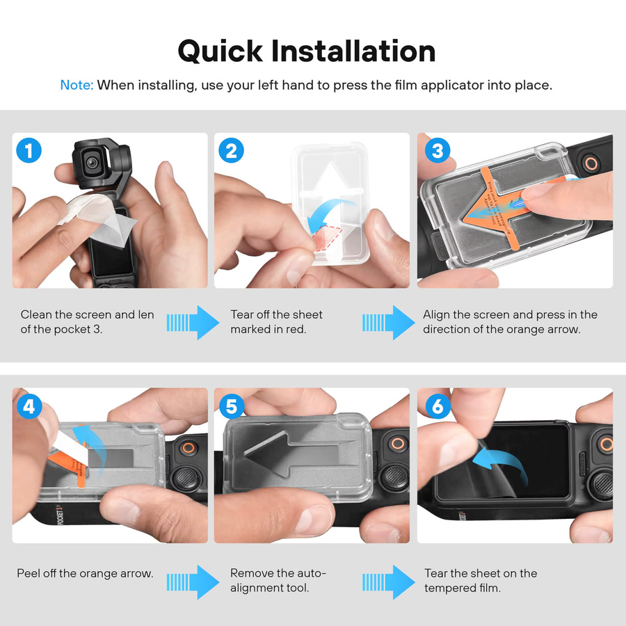 2er-Pack AR HD Gehärteter Glas-Displayschutz für DJI Osmo Pocket 3 und Pocket 4 inklusive Objektiv-Schutz und Auto-Align Installationskit, Transparent - Bild 5