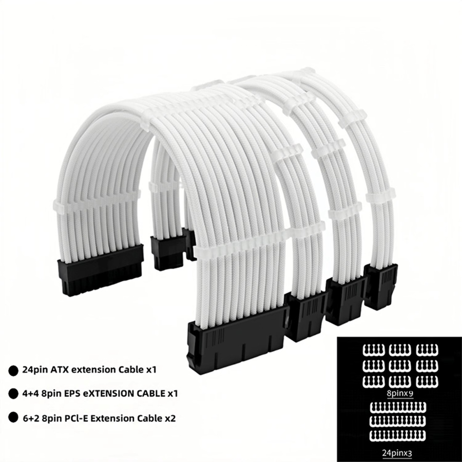 CX FUTRUE 4-in-1 PC-Stromkabel-Set in Weiß mit 12 Kabelklemmen inklusive ATX 24Pin, CPU 8Pin und GPU 8Pin Verlängerungskabeln - Bild 1