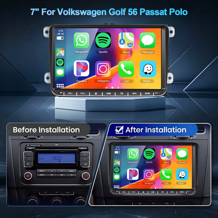 ESSGOO Android 15 Autoradio mit 9 Zoll Display, 4+64G/1+32G, kabelloses CarPlay, Android Auto, GPS, Bluetooth und WLAN für VW Golf 5 6, Passat, Polo, Touran, Tiguan, Caddy, EOS, T5 sowie SEAT und SKODA, Schwarz - Bild 2