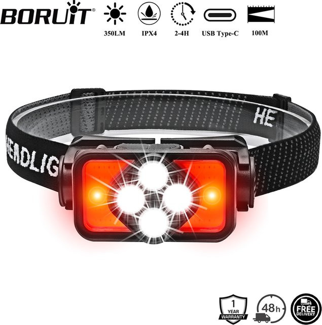BORUiT K363 LED-Stirnlampe mit Bewegungsmelder, 350 Lumen, wiederaufladbar via Typ C, Schwarz - Bild 1