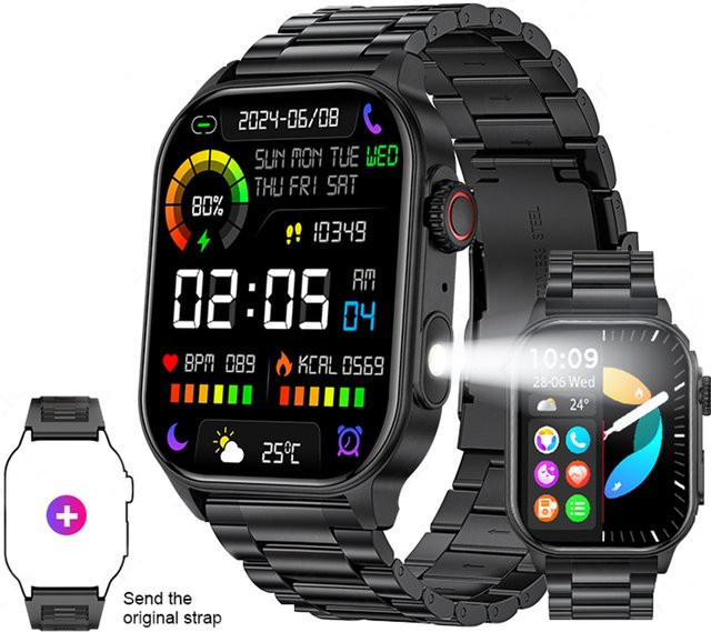 LIGE KM02 Smartwatch für Herren mit Edelstahlarmband in Schwarz, IP68 wasserdicht mit Herzfrequenzmessung und Taschenlampenfunktion - Bild 1