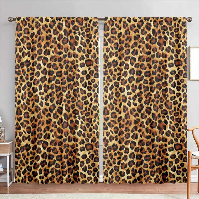 2er-Set Leopard-Print Vorhänge von Household supplies MH, Braun, halbtransparent, B: 107 cm, H: 213 cm - Bild 1
