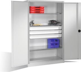 C+P Schwerlastschrank mit Drehtüren in Lichtgrau, ausgestattet mit 3 Böden und 3 Schubladen, H: 195 cm, B: 120 cm, T: 50 cm - Bild 1