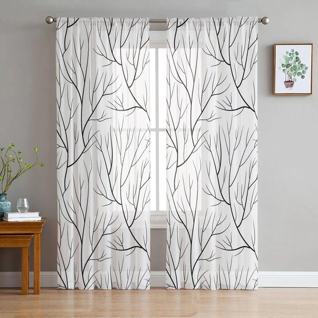 A Family Of Home Textiles Tüll-Vorhang mit Baumzweig-Design in Grau-Weiß, Breite: 135 cm, Höhe: 160 cm - Bild 1
