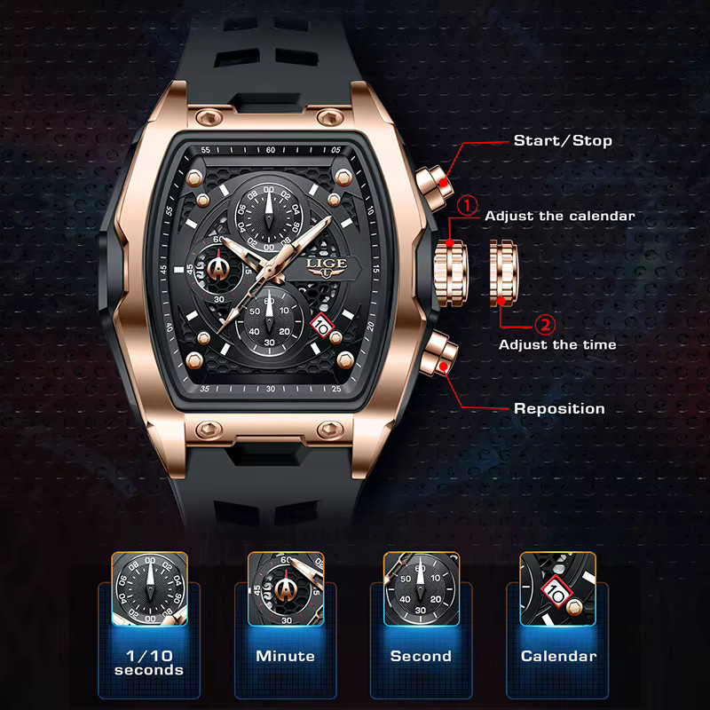 LIGE Chronograph, Quarz, Eckig, Silikon, Schwarz, Herren - Bild 3
