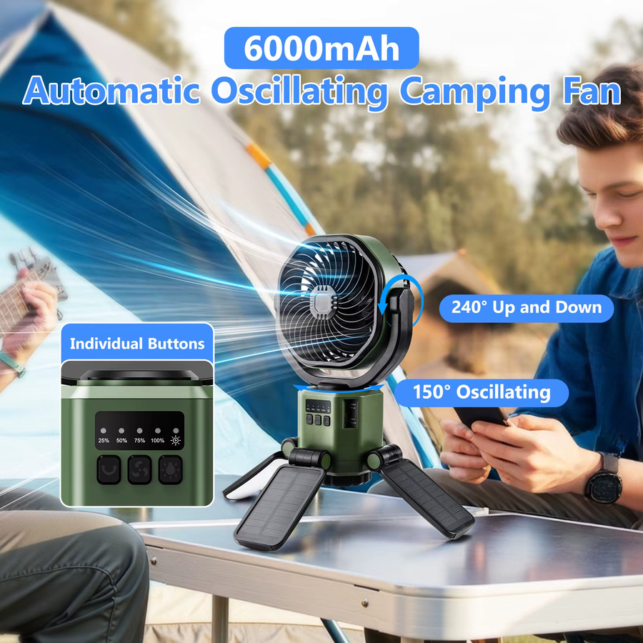 Eary Solarbetriebener Ventilator mit LED-Licht und 6000 mAh Akku in Grün für Camping und Outdoor - Bild 4