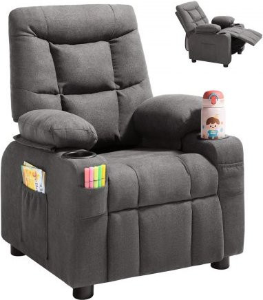 VEVOR Kinder Liegestuhl mit Fußhocker, verstellbarer Polstersessel für Kleinkinder in Grau mit Getränkehalter und Taschen, atmungsaktives Polyester und Holzrahmen - Bild 1