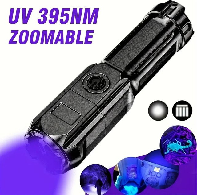 ESMARTER Tragbare UV-Taschenlampe mit 395nm UV-Licht, zoombare ABS-Taschenlampe in Schwarz für Camping und zur Erkennung von Flecken - Bild 1