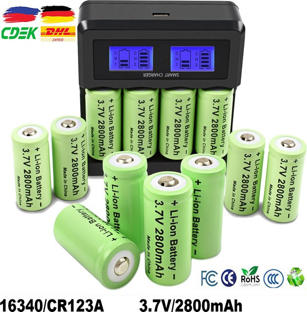 Turpow CR123A Li-Ion Akkus 3,7 V mit 2800mAh und Dual-Ladegerät, Farbe: Grün - Bild 1