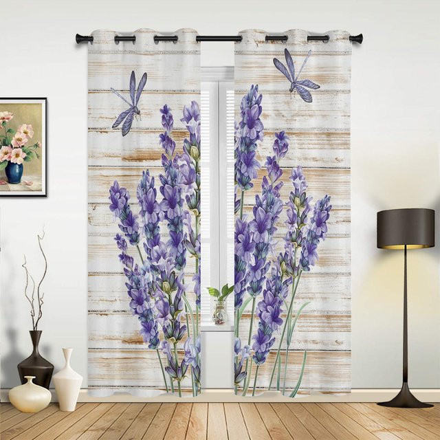 Lila Holzvorhänge mit Blumen Lavendel und Libellen Motiv, semi-transparent, 2er-Set, Breite: 107 cm, Höhe: 215 cm - Bild 1