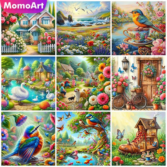 Momoart Diamantmalerei Garten-Landschaftsbild mit Vögeln und Blumen, Rund, Mehrfarbig, Durchmesser: 20 cm - Bild 1