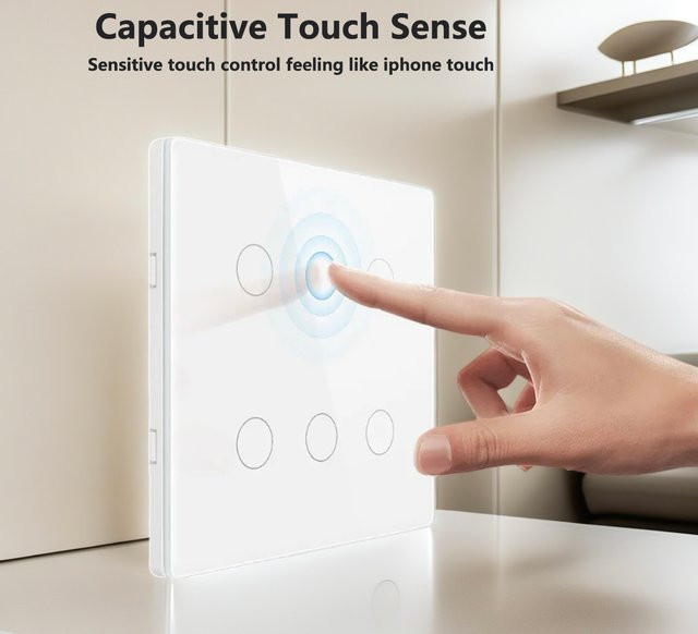Tuya WLAN Smart Schalter mit Touch-Glasoberfläche in Weiß, 4/6-fach Lichtschalter ohne Neutralleiter, kompatibel mit Amazon Alexa und Google Assistant, B/H/T: 12,0 x 12,0 x 3,3 cm - Bild 1