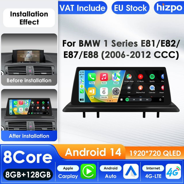 Hizpo Android 14 CarPlay Auto-Radio für BMW 1er Serie E81 E82 E87 E88 (09-16) Multimedia Autoradio 2DIN in Schwarz mit 10,25 Zoll Display - Bild 1