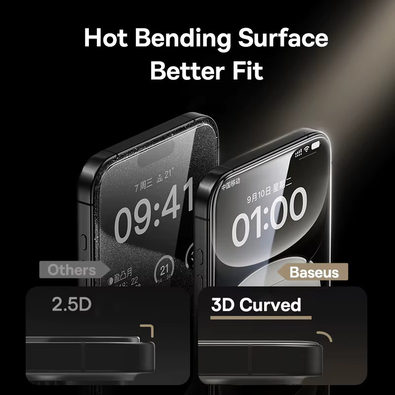 Baseus 3D gebogenes gehärtetes Glas Displayschutz für iPhone 16 15 Pro Max, transparent, bruchsicher mit Corning Technologie - Bild 2
