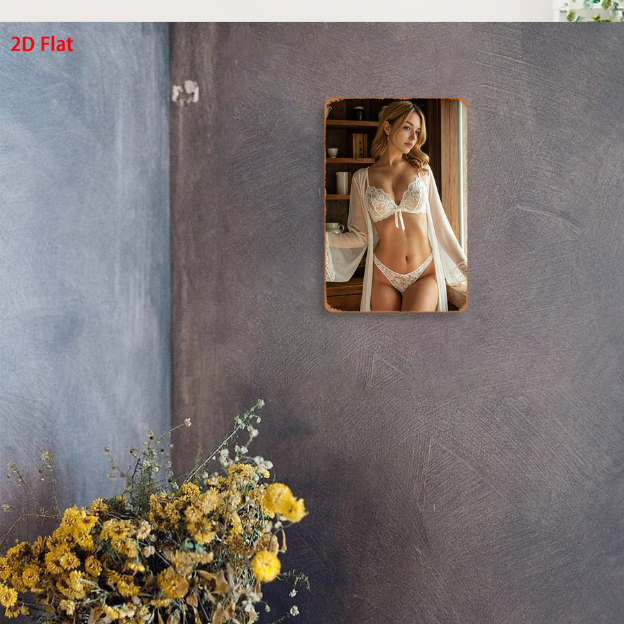 HELLOYOUNG Retro-Metallschild Wanddekoration mit Motiv Frau in weißer Spitzenunterwäsche und transparentem Morgenmantel, Rechteckig - Bild 4