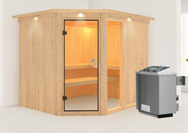 Karibu Sauna Freyja 3 mit Ofen und integrierter Steuerung sowie LED-Dachkranz in Natur Braun - Bild 1