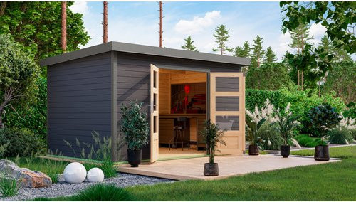 KARIBU Gartenhaus Haby 7 B aus Fichtenholz mit Pultdach in Grau, B/H/T: 390 x 219 x 240 cm - Bild 1