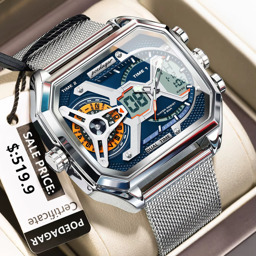POEDAGAR Digitaluhr, Quarz, Edelstahl, Blau, Herren - Bild 2